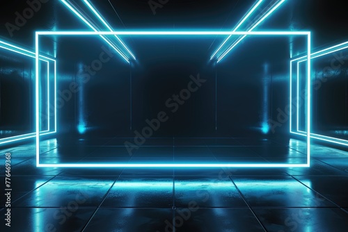 Futuristic Neon Blue Empty Stage Interior Design
