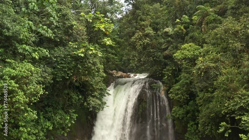 Landscape waterfall Cascadas Rio Hollin in Ecuador, beautiful waterfall on the river Hollin in ecuadorian Amazonian foothills of the Andes. Scenery with river and waterfall and Andes mountain forest.