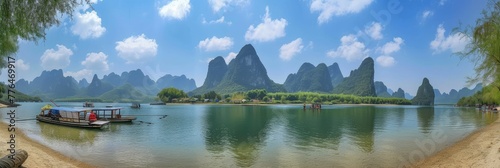 Peaceful River Scene with Karst Mountain Backdrop