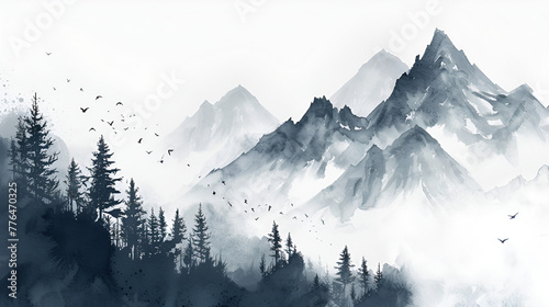 Background with mountains. Ink mountain landscape, Chinese ink and water landscape painting, Foggy watercolor mountains, hills and trees isolated elements ,mountains watercolor forest, Generative Ai  photo