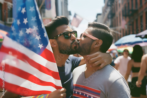 Two men gays lgbt kissing guys with America Flag celebrating 4 July or NYC Pride Parade at New York City streets at summer  photo