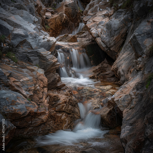 Serene Waterfall Flowing Through Rocky Terrain