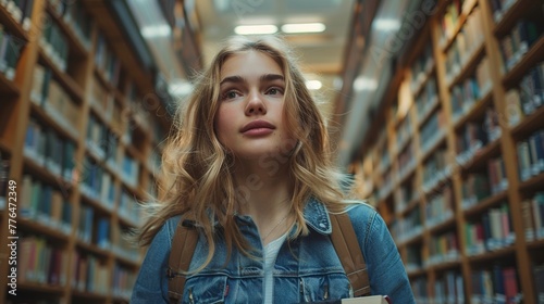 Beautiful Caucasian Female Student Walking in an Empty Public Library with Bookshelves. Young Smart Woman Carrying a Backpack with Textbooks to Prepare and Study for Exams. Low Angle Portrait