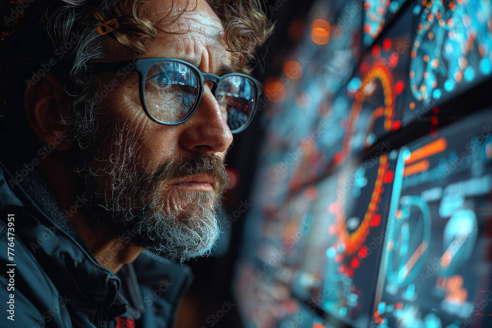 A meteorologist tracking the movement of distant storm clouds on the radar screen. Concept of weather forecasting. Generative Ai. A meteorologist tracking the movement of distant storm clouds on the radar screen. Concept of weather forecasting. Generative Ai.