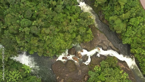 Landscape waterfall Cascadas Rio Hollin in Ecuador, beautiful waterfall on the river Hollin in ecuadorian Amazonian foothills of the Andes. Scenery with river and waterfall and Andes mountain forest.