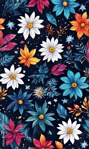 Bright colors of flowers pop out against black background, enhancing their beauty, making them focal point of image. For interior design, decoration, advertising, web design, as illustration for book.