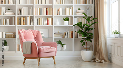 The room exudes a sense of comfort and tranquility. A large white bookshelf dominates the space