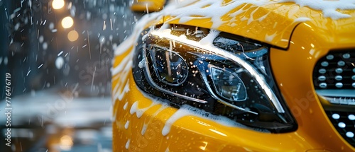 Closeup of yellow car headlight being cleaned with foam at car wash. Concept Automotive Maintenance, Car Wash, Detailing, Yellow Headlight, Cleaning Foam © Ян Заболотний