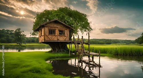 fairy tale tree house with green grass and pond