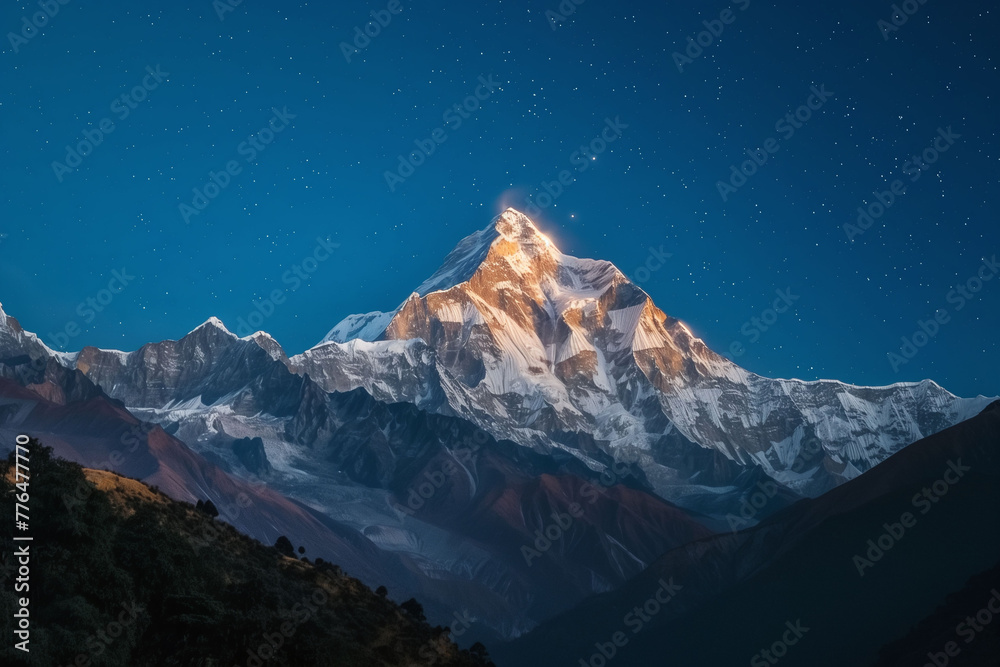 Majestic Mountain Peak Bathed in Ethereal Night Glow