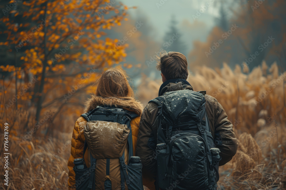 A couple explores a new hiking trail together, marveling at the beauty of nature and enjoying each other's company. Concept of outdoor adventure. Generative Ai. A couple explores a new hiking trail together, marveling at the beauty of nature and enjoying each other's company. Concept of outdoor adventure. Generative Ai.