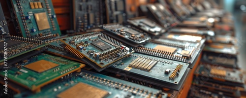 Viele Computerchips, Mikrochips für digitale Geräte, GPU auf einem Haufen, Konzept Chipmangel photo