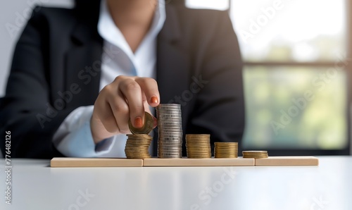 Geschäftsfrau balanciert gestapelte Münzen mit dem Finger
