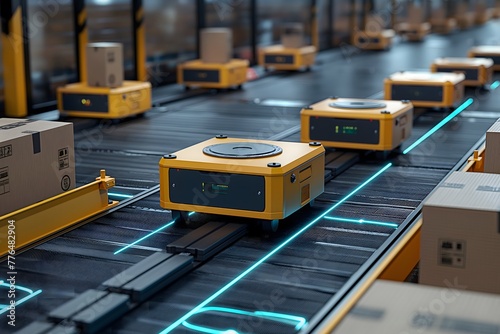Automatisiertes Logistikzentrum. Roboter bewegt sich frei im Raum, kein Leitsystem am Boden, Robotergestützte Kommissionierung, Konzept automatisierte und autonome Logistik photo