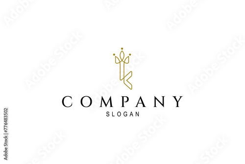 King's key logo. Key and letter K line art logo with crown decoration