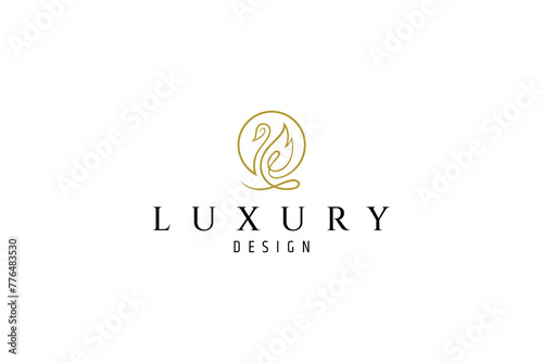 Beautiful swan logo with a gold continuous line design