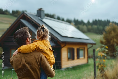 Rückansicht eines Vaters, der sein kleines Mädchen im Arm hält und ihr Haus mit installierten Sonnenkollektoren zeigt. Konzept Alternative Energie, Ressourcenschonung und nachhaltiger Lebensstil