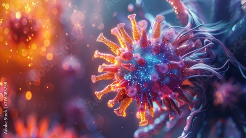 A close up of a coronavirus with many colorful dots. Generative AI.