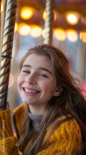 A girl smiling on a merry go round at night. Generative AI. © serg3d