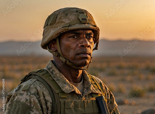 A soldier in uniform standing on a desert landscape with sunset behind him. Generative AI.