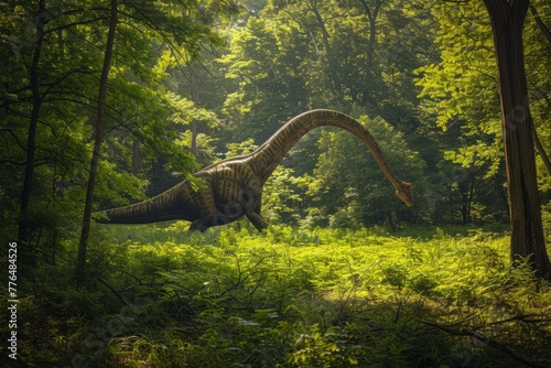 A large dinosaur walking through a forest with tall trees. Generative AI. © serg3d