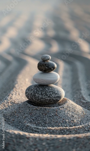 A stack of rocks in the sand with a white background. Generative AI.