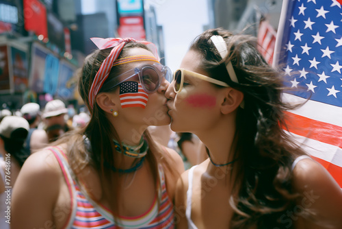 Two young women lesbians lgbt kissing with America Flag celebrating 4 July or NYC Pride Parade at New York City streets at summer 