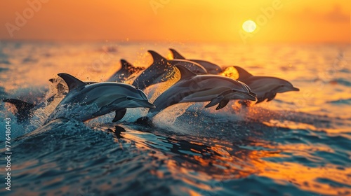 A group of dolphins are swimming in the ocean at sunset. Generative AI.
