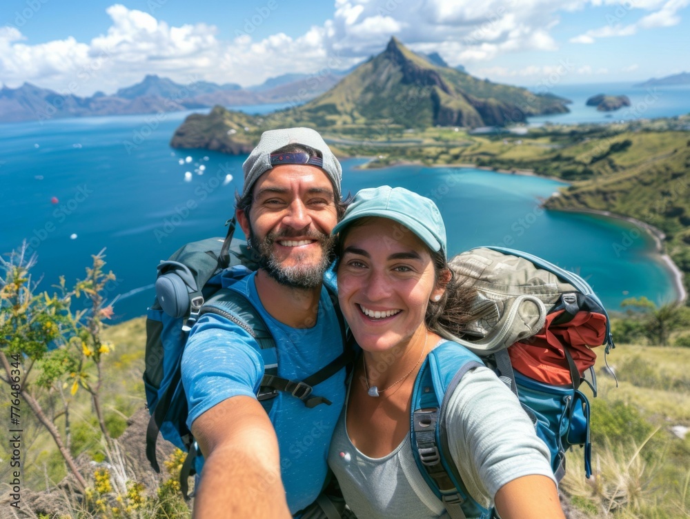 A couple of a man and woman taking selfie on top of mountain. Generative AI.