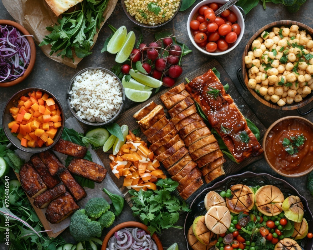 A table topped with a variety of food items including vegetables, meat and bread. Generative AI.