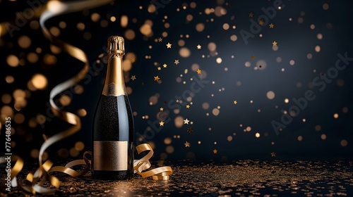 Goldener Banner mit goldener Champagnerflasche, Konfetti und Partyschlangen. Weihnachts-, Geburtstags- oder Hochzeitskonzept, Textfreiraum