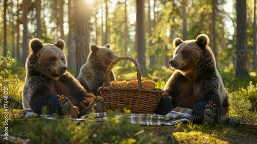 Three bears sitting in a forest with baskets of food. Generative AI.