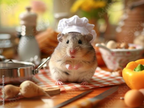 A hamster wearing a chef's hat on top of kitchen counter. Generative AI.
