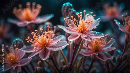 A close up of some pink flowers with water droplets on them. Generative AI.