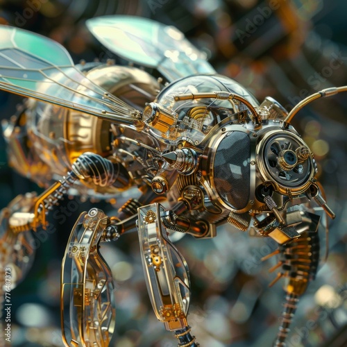 A close up of a mechanical bee with gears and wheels. Generative AI.