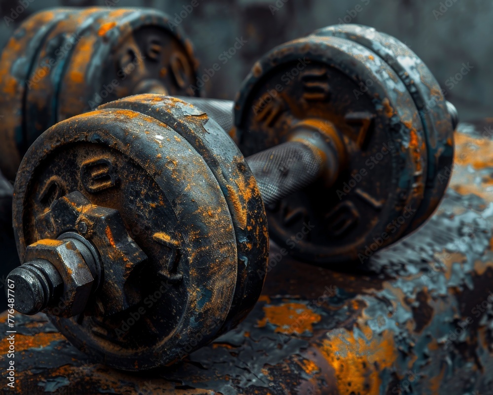 Macro shot capturing aged dumbbells atop a textured, corroded surface, radiating a gritty aesthetic reminiscent of urban decay. Macro shot capturing aged dumbbells atop a textured, corroded surface, radiating a gritty aesthetic reminiscent of urban decay.