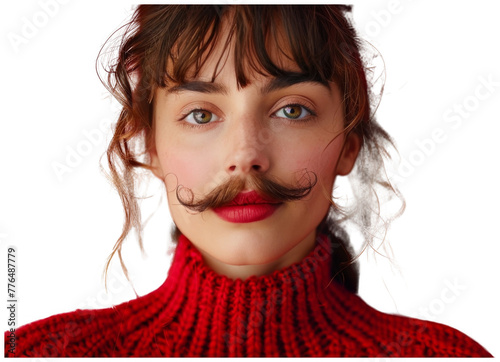 Woman Wearing Fake Moustache. Transparent Background PNG photo
