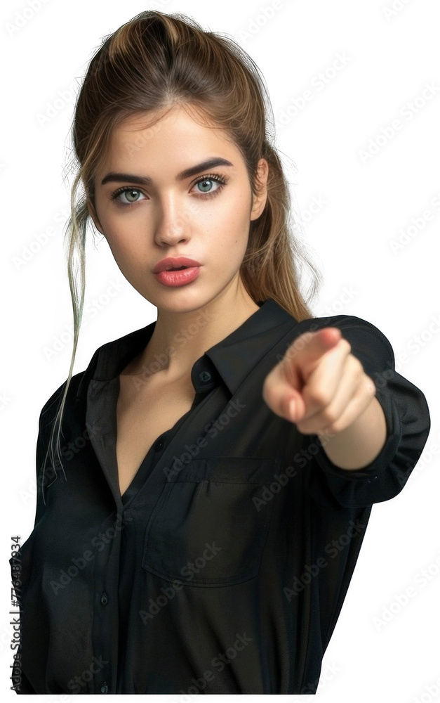 Woman in Black Shirt Pointing at Camera. Transparent Background PNG