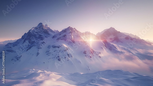 Sunlight reflecting off snow-covered mountains at dawn - the crispness of winter photo