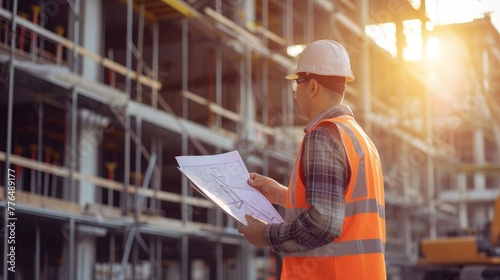A tradesman, wearing a hard hat and high-visibility clothing, studies the blueprint at the construction site, ready to build the structure using composite materials. AIG41