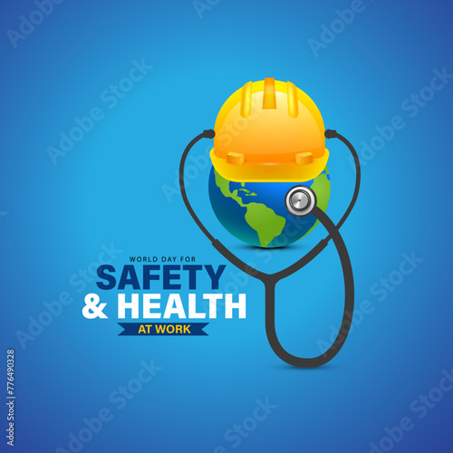 World Day for Safety and Health at Work. Construction helmet earth and stethoscope for safe and healthy work day, work safety awareness template for banner, card, background, safety and health sign