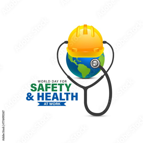 World Day for Safety and Health at Work. Construction helmet earth and stethoscope for safe and healthy work day, work safety awareness template for banner, card, background, safety and health sign
