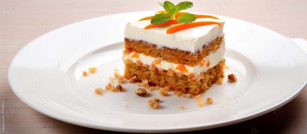 A slice of delicious carrot cake topped with a sprig of fresh mint served on a white plate A slice of delicious carrot cake topped with a sprig of fresh mint served on a white plate