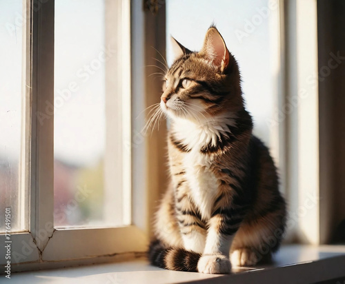 a cat sitting on a window side, created with generative ai