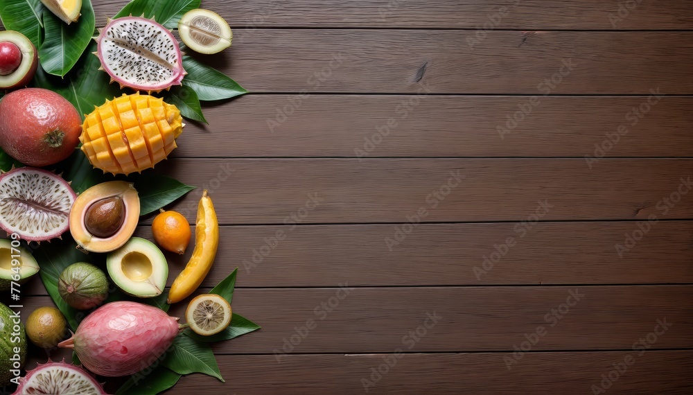 The image features a variety of tropical fruits such as mango, papaya, and avocado arranged on a wooden table. The fruits are surrounded by green leaves and there are empty space The image features a variety of tropical fruits such as mango, papaya, and avocado arranged on a wooden table. The fruits are surrounded by green leaves and there are empty space