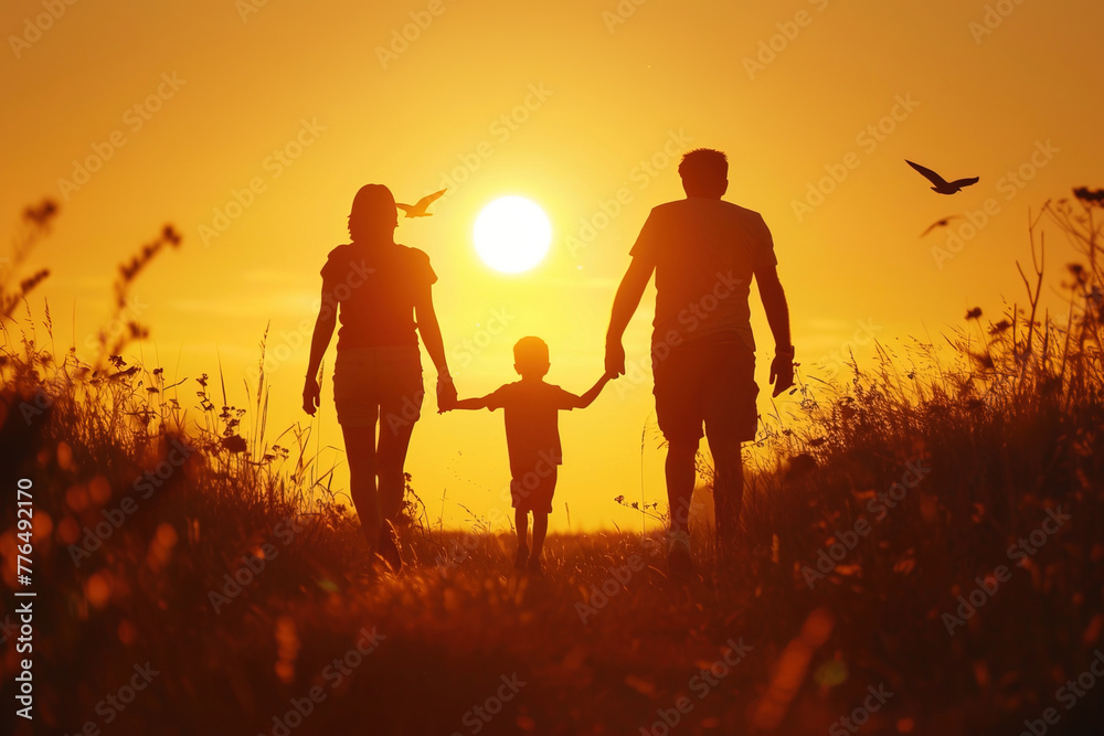 Back view of silhouette of happy family of three walking in rural area and watching golden sunset