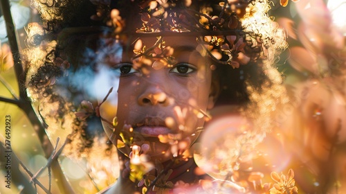 Double exposure of a black child and nature. Earth day concept