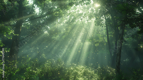 Sunlight streaming through a forest canopy