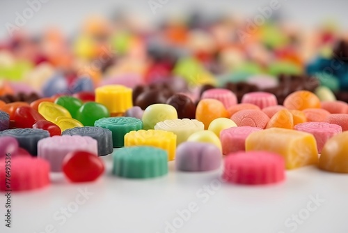 multicolor and different shapes candies on white background