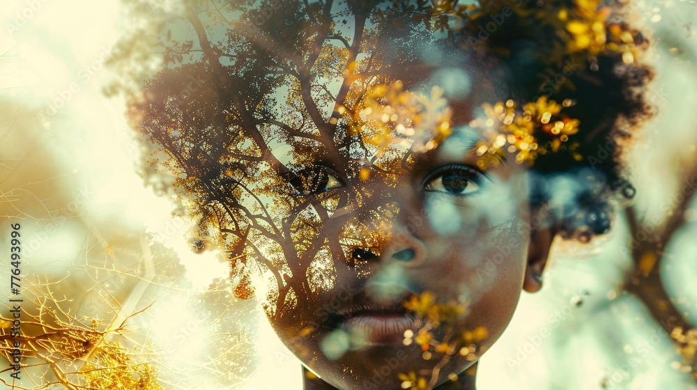 Double exposure of a black child and nature. Earth day concept